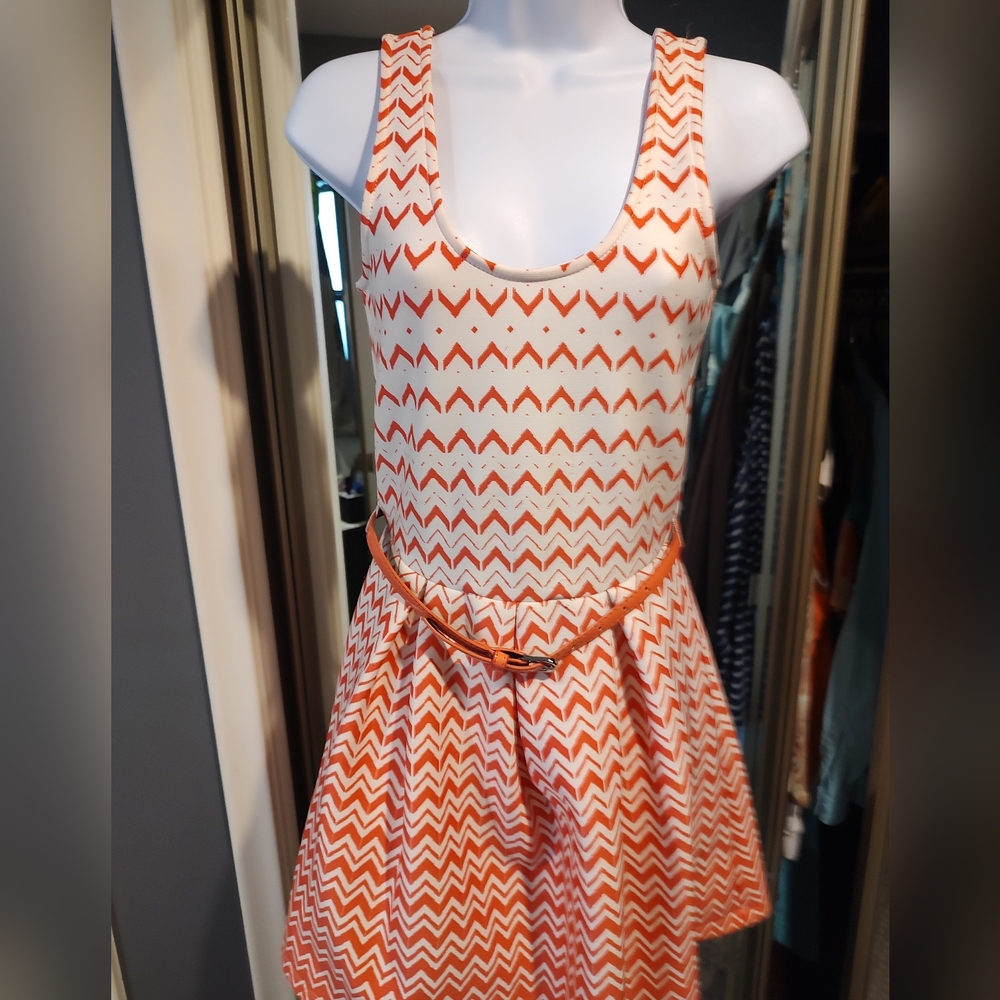 Chevron Patterned Kids Dress in Orange and White